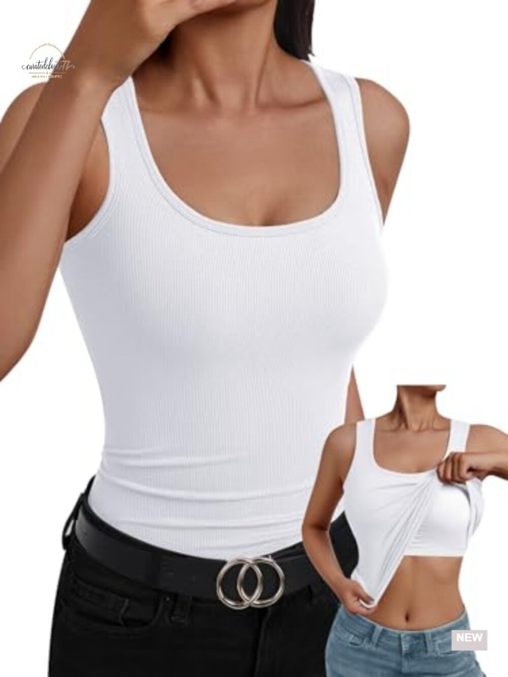 Women's Ribbed Tank Top with Built-In Bra Sleeveless Scoop Neck